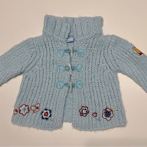 Vintage Disney Baby Winnie‎ the Pooh Cardigan - 3/6M - Baby Blue Pooh Sweater - Picture 1 of 9